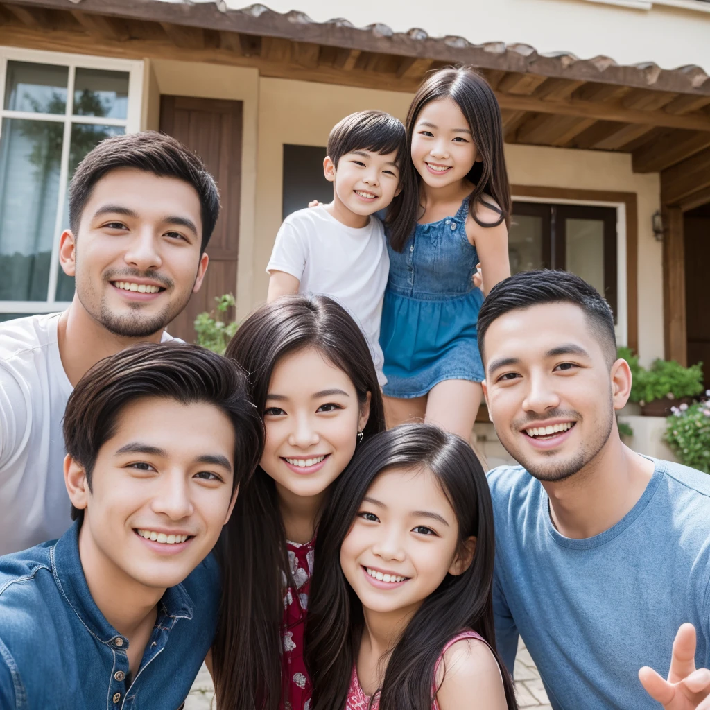 ((Best quality, 8K, Masterpiece:1.3)), family picture, in front of the house, 28-year-old mother, 33-year-old father, 6-year-old daughter, all smiling with teeth, confident expressions, natural light, full body shot, highly detailed