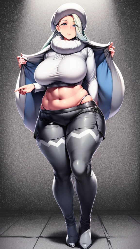 A girl from Russia, Asian, sexy, beautiful, cute, big breast, long wavy dark blonde hair, round gray eye, thin eyelash, black pink lip, soft cheeks, dresses in a dark gray top, long sleeves, shows navel and short gray pants, pair of blue socks, polar boots, black snow