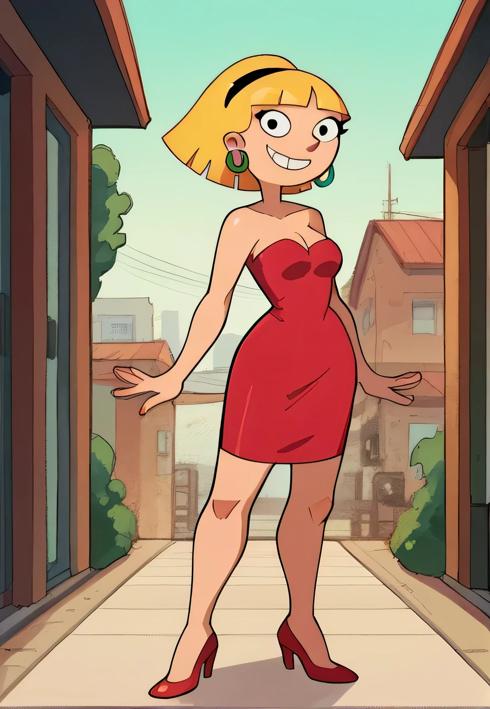 score_9_up,score_8_up,score_7_up,score_6_up,score_5_up,score_4_up BREAK olga pataki,1girl, solo, blonde hair, short hair, black hairband, hoop earrings, strapless, cleavage, a short red dress, red skin tight dress, smile, bangs, human skin, blunt bangs, looking at viewer,outdoors, blue skies, movie style, cowboy shot, red high heels, full body.
