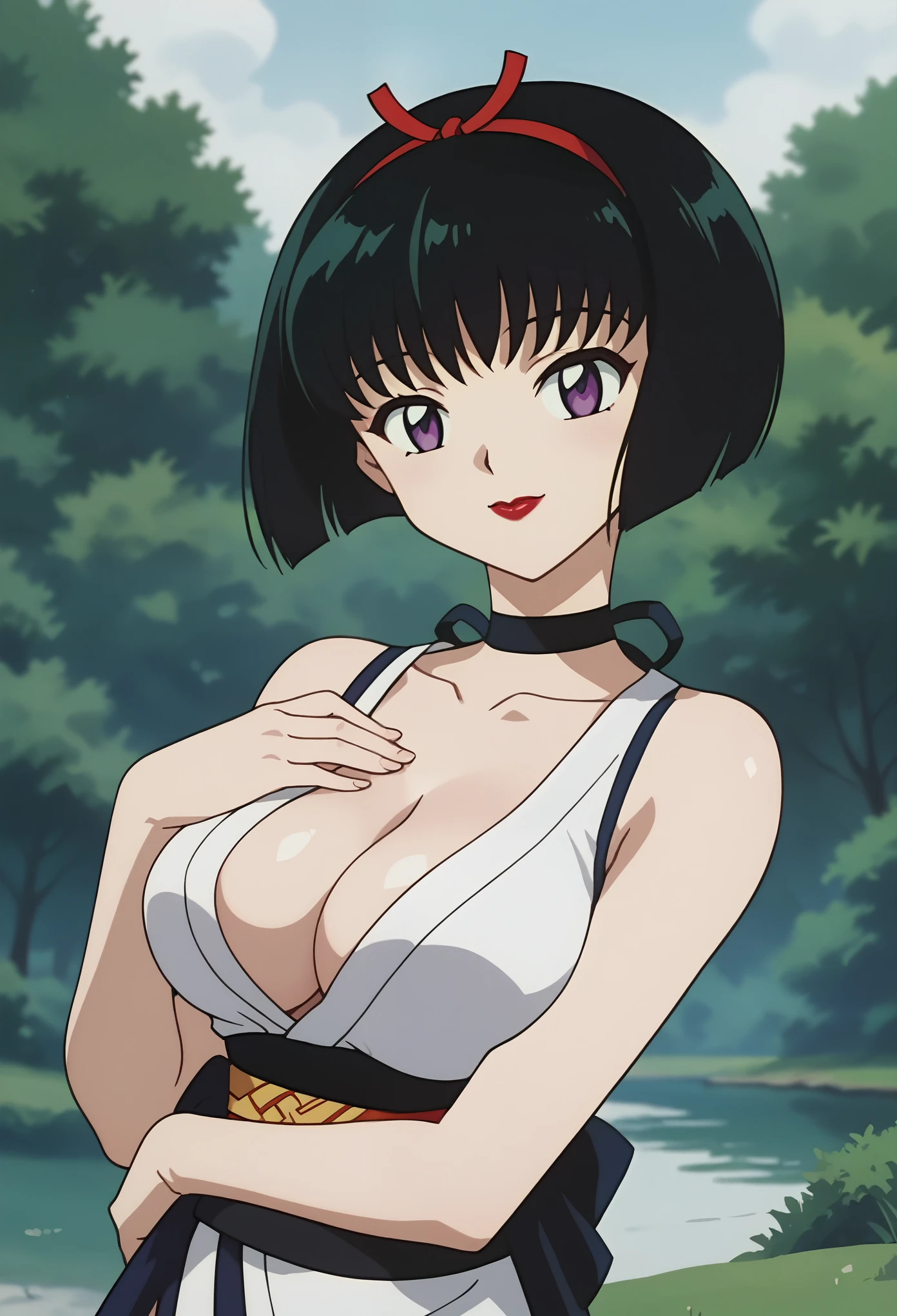 score_9, score_8_up, score_7_up, source_anime, best quality, masterpiece, rating_explicit, uncensored, anime screencap, megami magazine, BREAK, SAKASAGAMINOYURA, 1GIRL, large breasts, cleavage, BLACK HAIR, HAIR BAND, BOB_CUT, PURPLE EYES, CHOKER, SLEEVELESS, SHORT KIMONO, red lip, outdoors, looking at viewer, smile