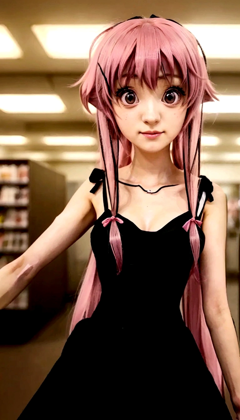 a close up of a person in a dress holding a cell phone, as an anime character, anime girl named gasai yuno, anime girl wearing a black dress, female anime character, mirai nikki style, anime character, pink female human girl, gasai yuno, an anime girl, mirai nikki, 26 - year - old anime goth girl