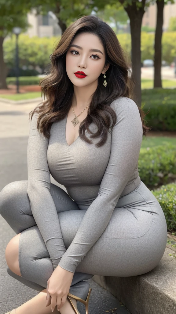 Drawing lips correctly, Red lipstick, from chest up, best quality, Super detailed, lifelike, Super delicate skin, Perfect anatomical structure (solitary)，casual pants，Short sleeve，Black Belt，Long wavy hair，37 years old，woman，Mature，Charming smile，Scenic Area，permanent，Leg length，Chubby，Large Breasts，stand up，full-body shot