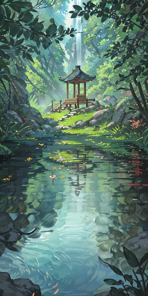 Chinese ancient times, spring, jungle, lake, cave, waterfall, tree, meadow, rock, deer, hot spring, water vapor, (illustration: 1.0), epic composition, realistic lighting, HD details, masterpiece, best quality, (very detailed CG unified 8k wallpaper)