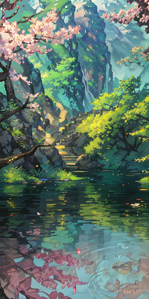 Chinese ancient times, spring, jungle, lake, cave, waterfall, tree, meadow, rock, deer, hot spring, water vapor, (illustration: 1.0), epic composition, realistic lighting, HD details, masterpiece, best quality, (very detailed CG unified 8k wallpaper)