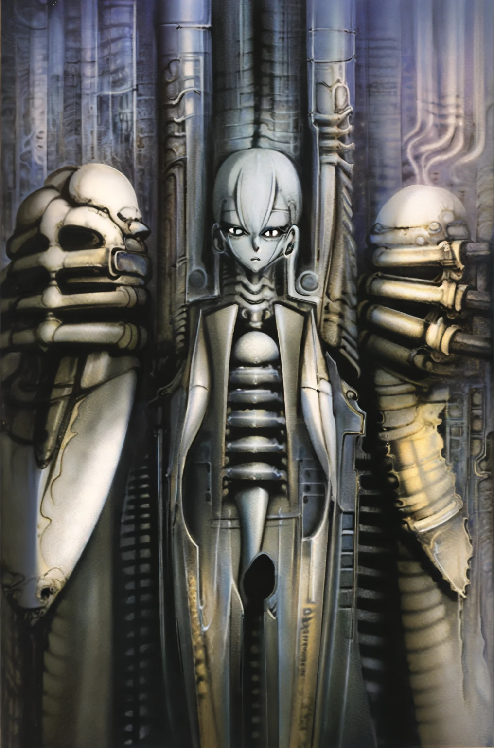 
The image is a detailed view of H.R. Giger's \" Landscape XVI \" plate, featuring a complex network of bones and organs in a purple-brown hue ,swirling gray and brown colors. The artwork is silver and purplish brown, with an ivory bones prominently displayed. The image is highly detailed and intricate, almost like a 3d version of a medical diagram 
The image is an artistic representation of a mechanical structure with pipes and gears, with a skeletal creature and a windmill blade.


 The image depicts a surreal, anatomical illustration of a alien body with a skeleton inside, surrounded by a network of tubes and pipes.

biomechanical landscape by Hans Rudie Giger composed of fossilized and mummified alien life forms. Image depicts a strange and dreamlike, combines biological and mechanical ,managed  to dreamlike quality. Centralized recognizable shapes of skulls, rib cages, and spines, all intertwined with tubes and cables. These shapes suggest fossilized mummified alien life forms. Central skeletal structures and what appears to be a ribcags of ivory in the foreground are the most identifiable organic elements. The mechanical elements are evident in the wires and tubes emanating from the skeletals, as well as the smooth metallic tubes. In the background shapes are visible that could be interpreted as other fossilized or mummified alien life.
Light source from the top highlights skeletals, upper part of foreground, lower part of image is in shadow. 


The piece is a tableau, most likely created with a India ink pen or pencil on paper, determined by the thin lines, shading techniques, and the texture of the paper, which is visible around the edges.
used is pen, given the shading and variations in line weight visible in the image. One have used a variety of pencils with different degrees of hardness to achieve the shading effects

