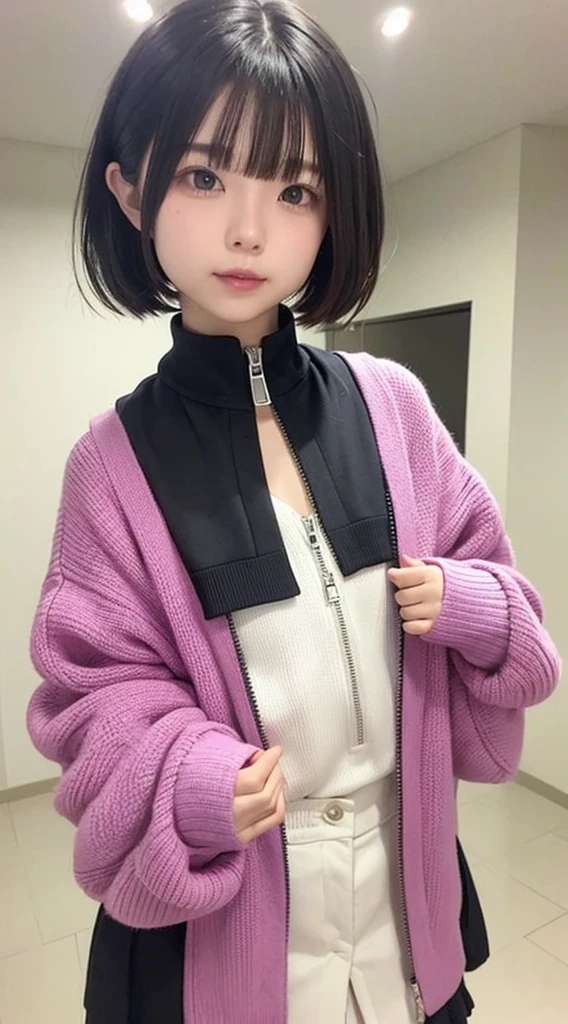 1 Japan model, Hair Model, Unique hair details, Gradient Ribbon Printed Zipper Knitted Cardigan,, Very short hair