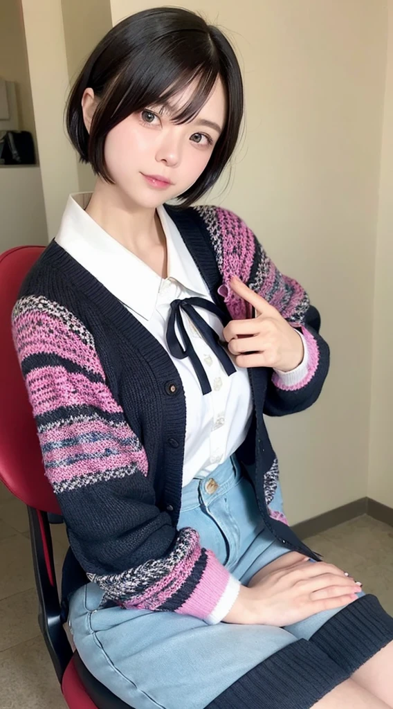 1 Japan model, Hair Model, Unique hair details, Gradient Ribbon Printed Zipper Knitted Cardigan,, Very short hair