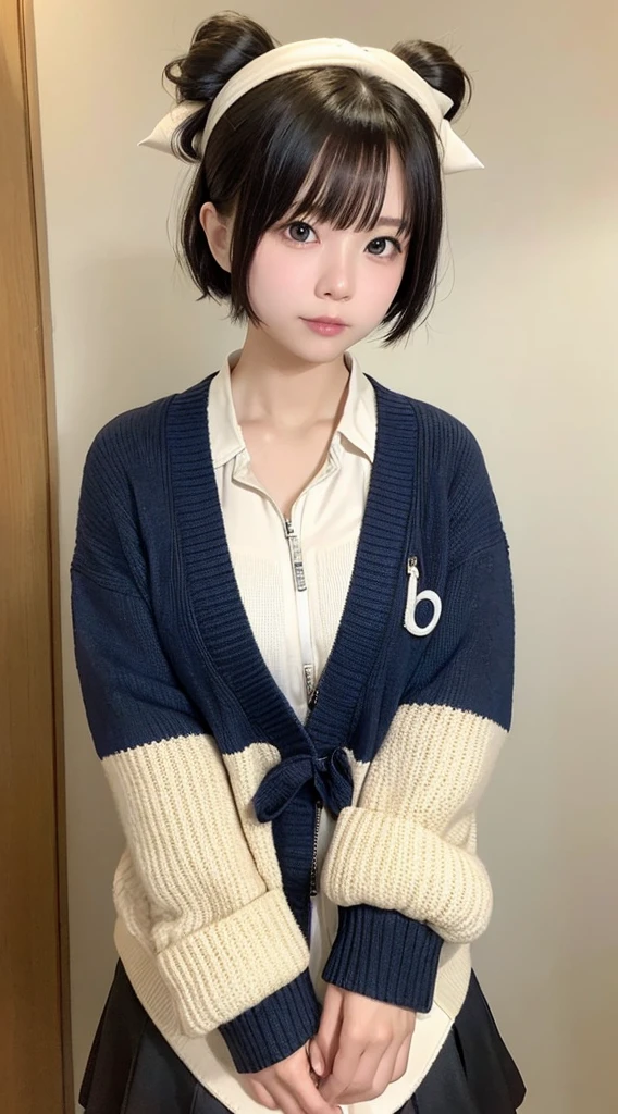 1 Japan model, Hair Model, Unique hair details, Gradient Ribbon Printed Zipper Knitted Cardigan,, Very short hair