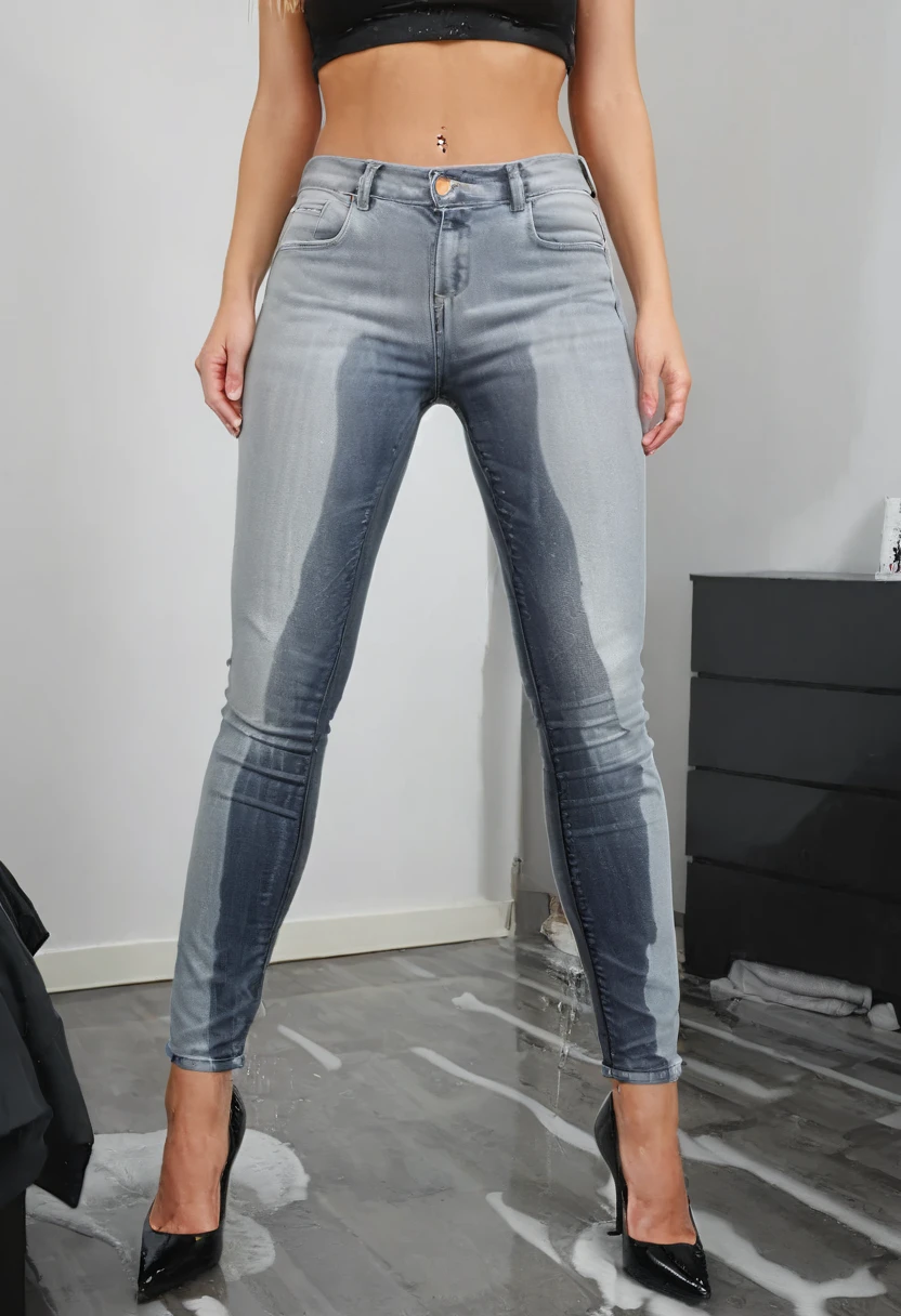 attractive blonde woman, ((white skinny jeans)), high heel pumps, black sports bra, standing in a bedroom, wetting, big smile, pee stains are gleaming wet, pee run down legs, shoes flooded with pee, show heels, (((head in frame))), lower legs of jeans soaking wet, (((head in frame)))