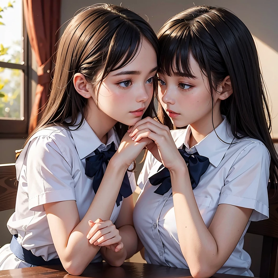 (masterpiece, best quality), perfect anatomy, perfect hands, two school girls are deeply in love with each other, romantic atmosphere