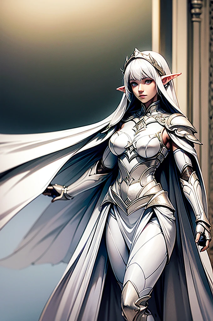 female noble Elf, full body art, silver hair, white skin, saphire eye, knight full plate adorned armor, white cape, perfectly detailed body.