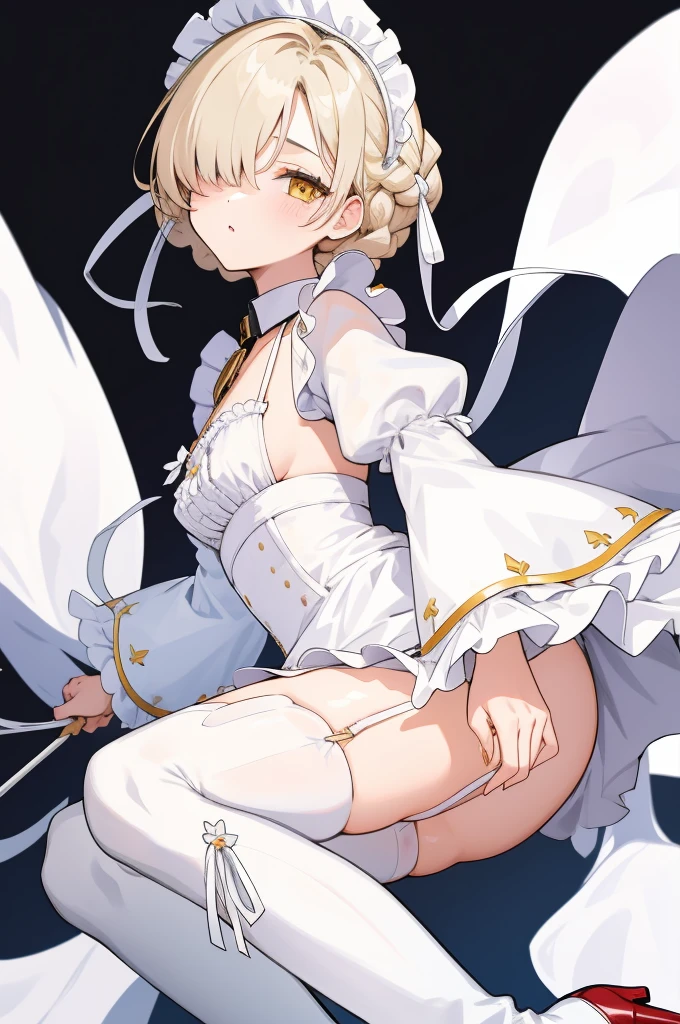 ,1girl,solo,maid_headdress,high_heel_boots,'(hair_over_one_eye),long_sleeves,high_heels,white_thighhighs,blonde_hair,frills,,knee_boots,yellow_eyes,juliet_sleeves,white_apron,braid,black_dress,looking_at_viewer,frilled_apron,puffy_sleeves,short_hair,white_ribbon,garter_straps,small_breasts,bangs,white_footwear,maid_apron,collar,