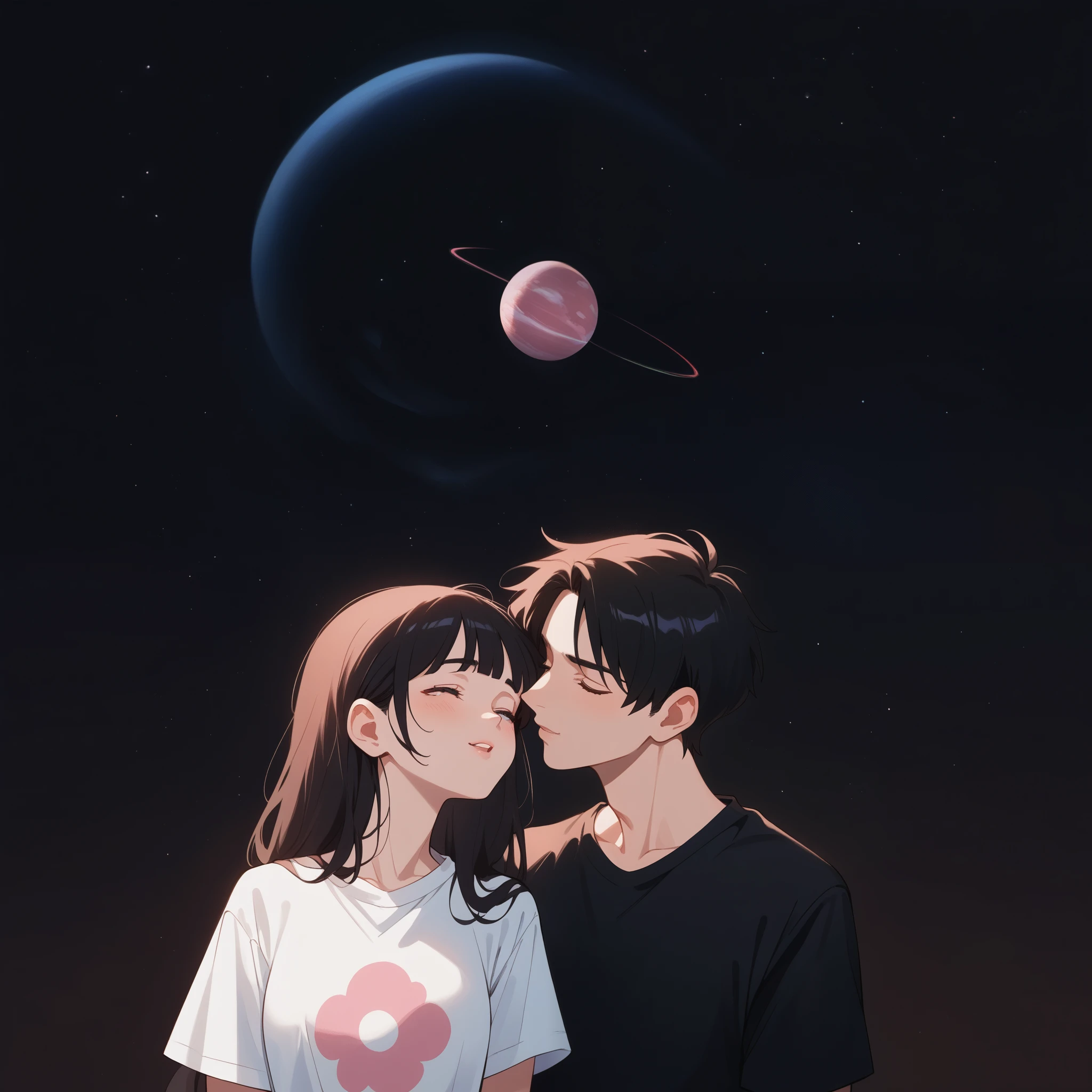 they are поцелуи in front of a galaxy and big planet ночью, big pink planet in the background, поцелуи together cutely, couple поцелуи, They are in love, taken at night, big planet in the background, boy and girl, girl with black hair, ((guy in a white t-shirt))