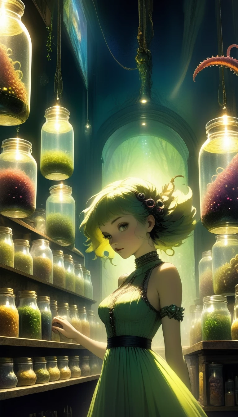 a sexy girl in a sexy dress tends the store at the counter, fantastic store, Fantasy world, dark, disturbing, strange, unnatural, (Rembrandt Lighting: 1.3) light particles, lens flares, store with several tentacles inside large jars, , a woman shopping, live tentacles for sale inside jars, side chest, forest cat on stage, close-up of the upper part of the body, artistic masterpieces that will go down in history, fantastic backgrounds, memorable scenes, fantastic angles (masterpiece : 1.2), (best quality: 1.2), intricate details, newest, AI generated (Bill Sienkiewicz inspired art, intricate details, oil painting)
