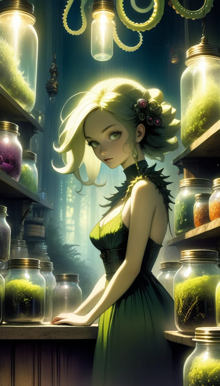 a sexy girl in a sexy dress tends the store at the counter, fantastic store, Fantasy world, dark, disturbing, strange, unnatural, (Rembrandt Lighting: 1.3) light particles, lens flares, store with several tentacles inside large jars, , a woman shopping, live tentacles for sale inside jars, side chest, forest cat on stage, close-up of the upper part of the body, artistic masterpieces that will go down in history, fantastic backgrounds, memorable scenes, fantastic angles (masterpiece : 1.2), (best quality: 1.2), intricate details, newest, AI generated (Bill Sienkiewicz inspired art, intricate details, oil painting)
