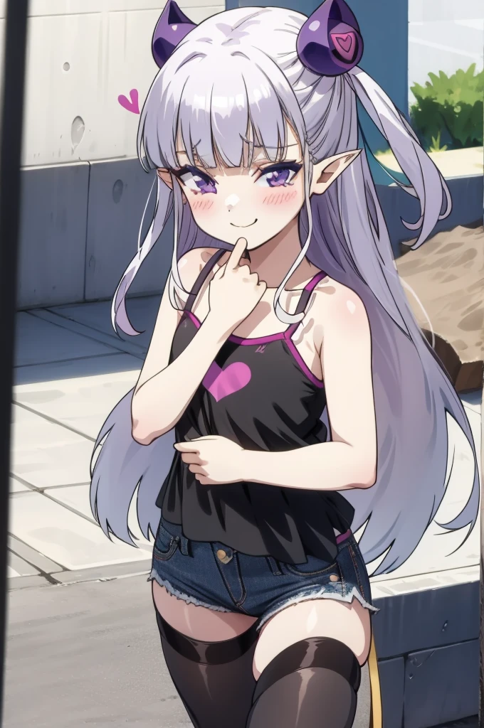 1girl,solo,,pointy ears,long hair,purple eyes,bangs,,blunt bangs,thighhighs,,,flat chest,,(spoken heart),blush,outdoor,camisole,denim short