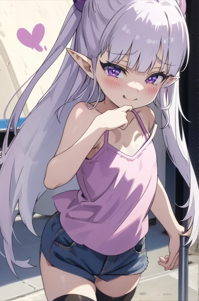 ((Masterpiece)), ((best quality)), (super detailed), (Professional Photography), (Photorealsitic:1.3), cute age girl, (()), (pale skin), (Plain white T-shirt, Cute Panties), (kneeling), (interlocked fingers), messy medium-long hair, pale thighs, (elf ear), (phantom), healthy whole body, ((Smug and grinning face)), pale purple hair, 1girl, solo, ((beautiful eyes)), beautiful detailed eyes, detailed face, perfect anatomy, (in purple anemone flowers),(Watercolor Background:1.3),