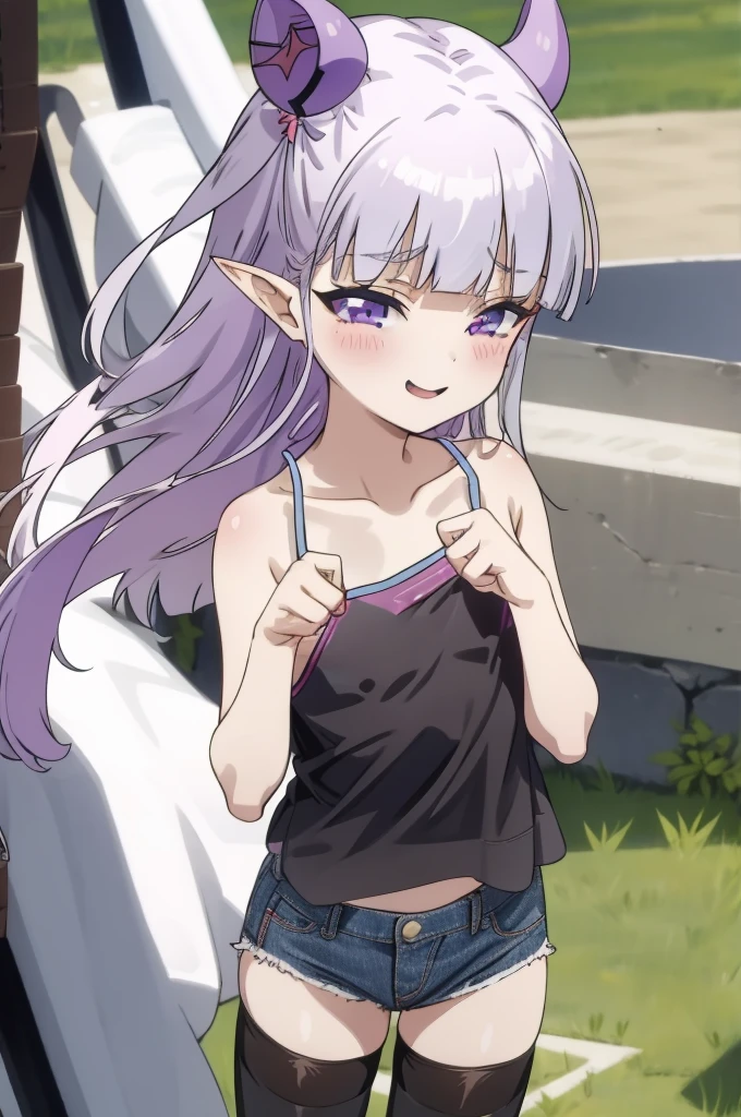 1girl,solo,,pointy ears,long hair,purple eyes,bangs,,blunt bangs,thighhighs,,,flat chest,,(spoken heart),blush,outdoor,camisole,denim short