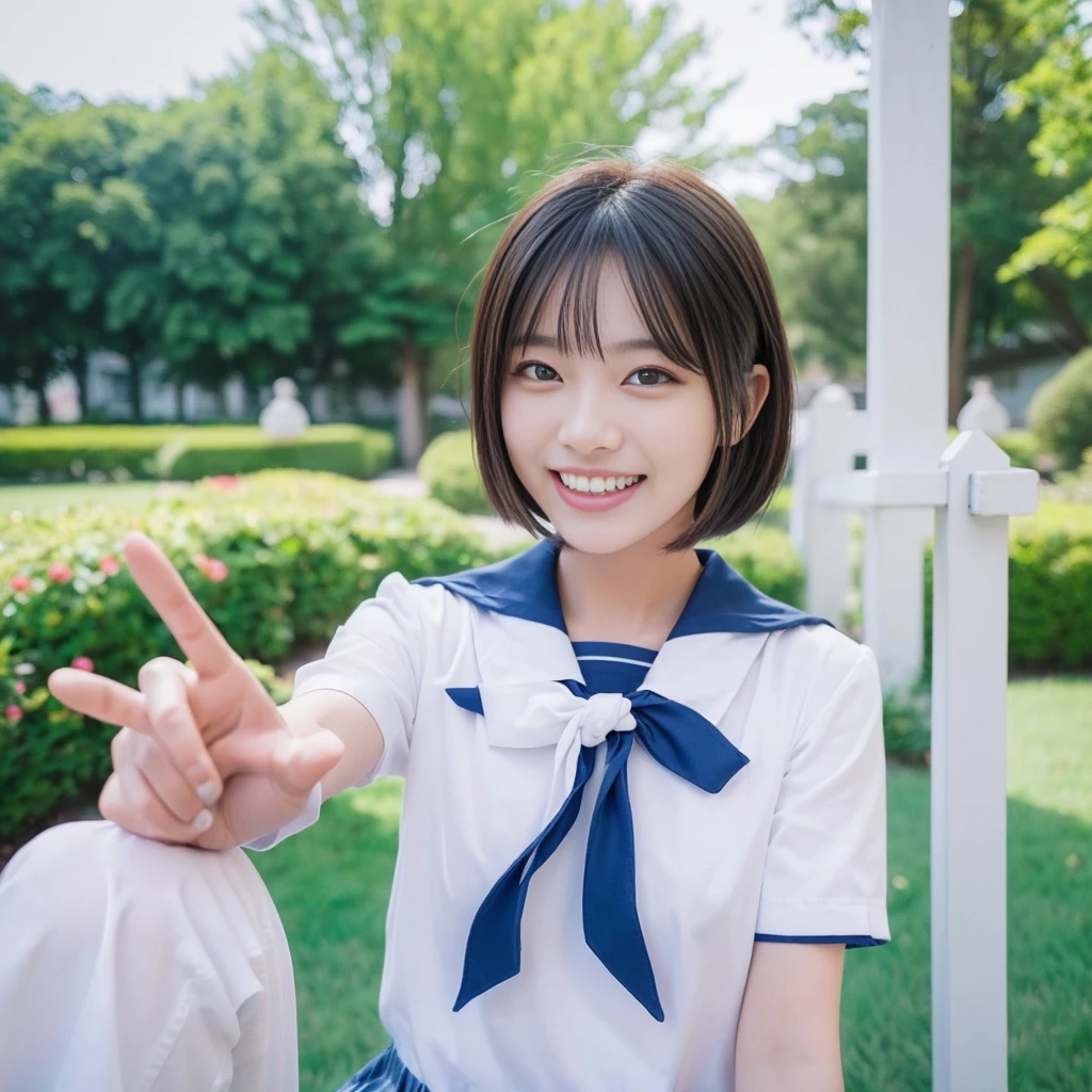 "High school girl smiling showing her teeth、Making a peace sign、Wearing a sailor uniform、Short Bob、With three friends、Selfie、garden、Outdoor Setting、Bright sunshine、Nature background、Bright expression、Vibrant colors、Very detailed、Close-up"

"(オクタンRender、Render、drawing、anime、Bad photos、Bad photos撮影:1.3)、(Worst quality、low quality、Blur:1.2)、(Bad teeth、Deformed teeth、Deformed lips)、(Bad Anatomy、Bad ratio:1.1)、(Deformed iris、Deformed pupil)、(Deformed eyes、Bad Eye)、(Deformed face、Ugly Face、Bad face)、(Deformed Hand、Bad move、Fused fingers)、Pathological、Disconnect、mutation、Malformation"