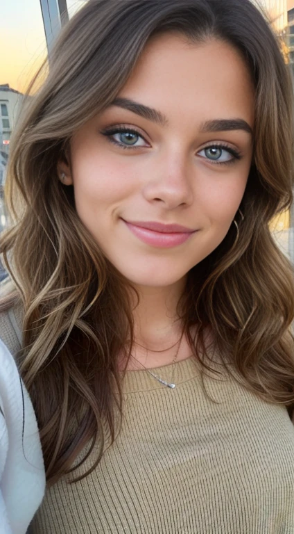 belle brune portant un pull beige (holding a cup of coffee in a modern cafe at sunset), very detailed, 18 ans, visage innocent, natural wavy hair, blue eye, high resolution, head of'artwork, best quality, intricate details, very detailed, sharpness, detailed skin, realistic skin texture, texture, detailed eyes, Professionnel, 4K, charming smile, filmed in Canon, 85mm, shallow depth of field, Kodak Vision Color, corps parfaitement ajusté, extremely detailed, Photo_\(ultra\), photorealistic, realistic, Post-traitement, maximum detail, roughness, real life, ultra realistic, photorealism, la photographie, 8k uh, la photographie