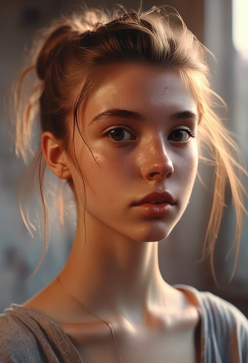 (Cinematic photo: 1.3) From (really: 1.3), (comfortable: 1.3) Beautiful 18 year old girl, (difficult messy bun of light brown hair), высокодеталFromированная текстура кожи, skinny shoulders, realistic texture кожи, looks straight into the camera, (looks at the viewer), pout, pastel, Shine, Dramatic, Dreamy, pastelный цветочный сад, Thin, skinny, gentle, Высокая деталFromация, difficult, digital painting, Fantasy theme,skinny , bare belly, Fantasy concept art , Fantasy Characters, Beautiful teenage girl, Perfect body, highly detailed full-length shot, Dreamy, pastel, watercolor, strange, gentle, highly detailed texture, realistic texture, digital painting, высокодеталFromированная фотография (art deco: 1.3), (ФотореалFromм: 1.3), (Классический реалFromм: 1.3), (Fujifilm Superia: 1.3), Natural, golden hour light