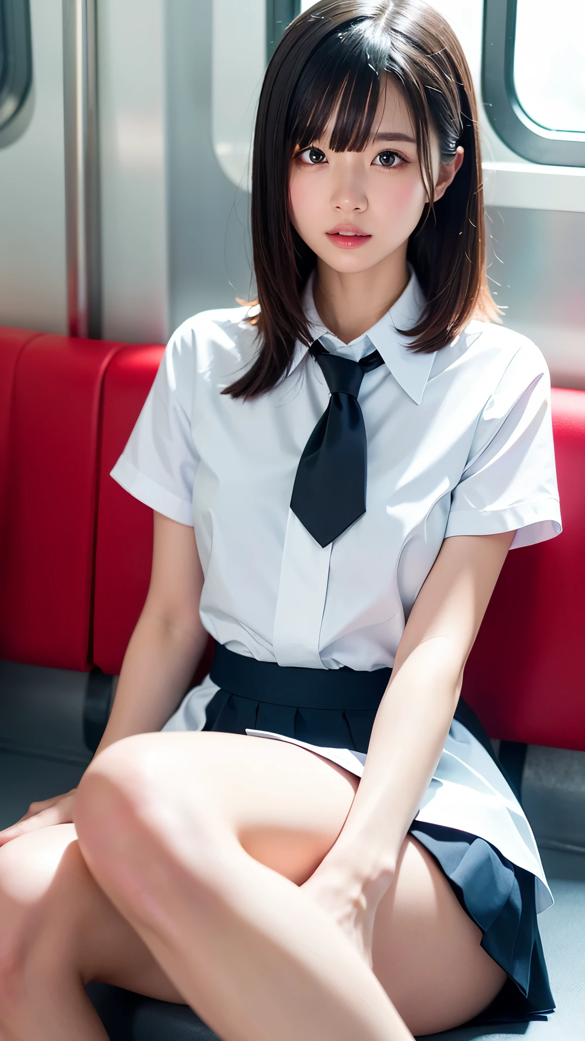 (masterpiece, Highest quality:1.2), 8K,  years, 85mm, Official Art, RAW Photos, Absurd, White dress shirt, Pretty face, close, Upper Body, violet, Gardenia, beautiful girl, , (Navy Pleated Skirt:1.1), Squeeze the waist, Thighs, Short sleeve, in the train, sit on bench seat, View your audience, No makeup, (smile:0.4), Film Grain, chromatic aberration, Sharp focus, Face Light, Bright lighting, Teen, Detailed face, Bokeh Background, (Dark red tie:1.1)