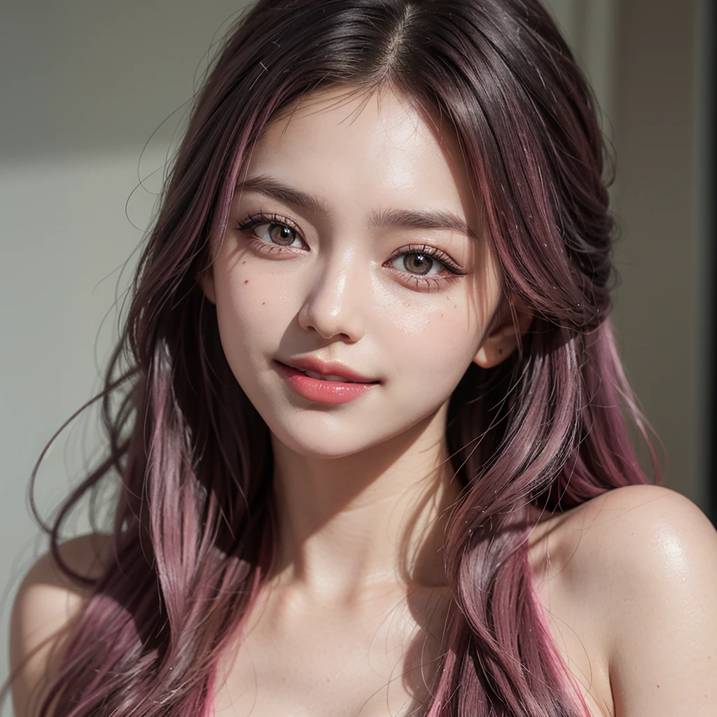 1 girl, 19 years old, south korean, 4k, masterpiece, realistic, frekles under eyes, long whavy black hair, faded pink hair, shining pink pupils, detailed pupils, red lips, red eyeliners, happy, big smile, closed mouth, naked, multiple of frekles under eyes, detailed face, facing camera, bright colors, close up, face focus.