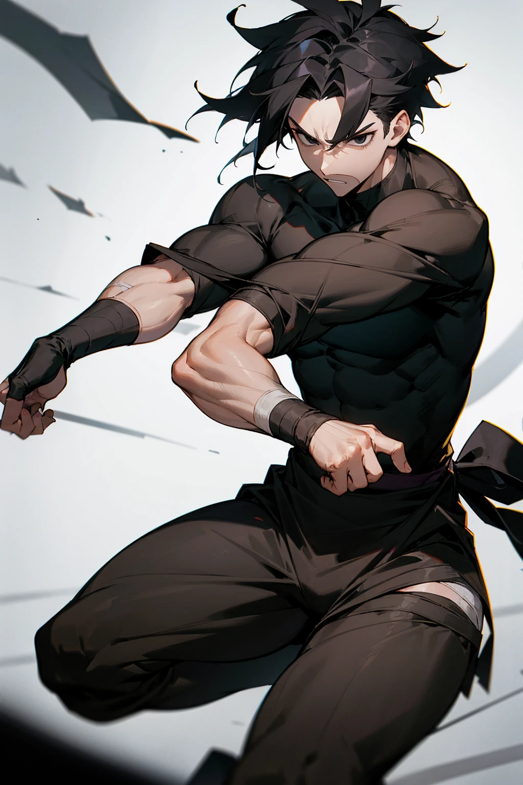 1male , Young Male , Fitted Black T-Shirt , Bandage Wrapped Right Arm , Ninja Clothing , Messy Black Hair , Black Eyes , Serious Expression , Perfect Generation