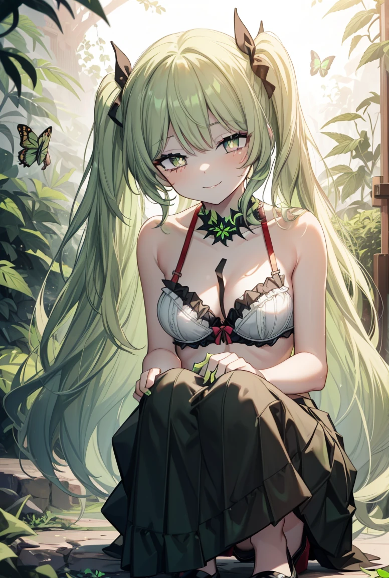 1 girl，Best quality, tmasterpiece, Long green hair, beautiful,detailed red eyes, HD, super cute girl, super cute hairstyle, extremely detailed, Visually inspect the audience, The face is slightly red，is shy，adolable， small breasts cleavage, skirt, pleated skirt, frills, frilled bra, twintails, (solo:1.6), seductive smile, (green eyes with beautiful pupils:1.7), (on her knees:1.5), (garden of weed background with butterflies and flowers around:1.2), she smokes a marijuana cigarette, she smiles, drugged face, smoke among the marijuana plants