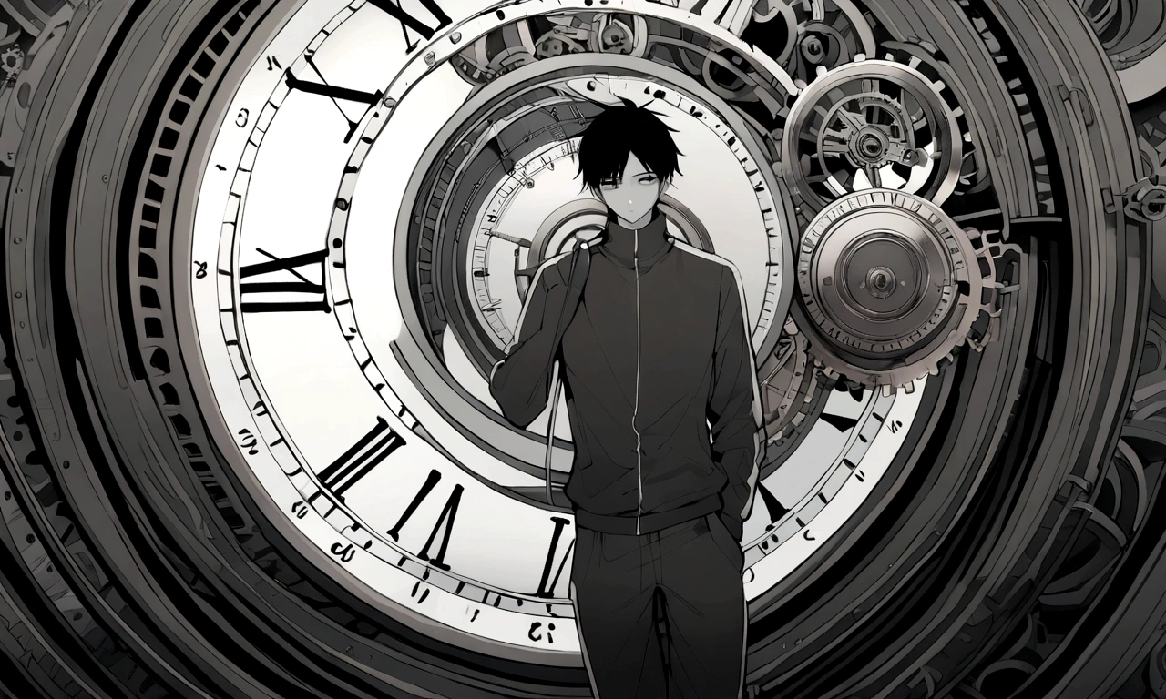 black and white drawing, giant clockwork background, hang from clockwork, human, 26 year old male, black neat hair, a lonely face, wearing gray tracksuit, put one&#39;s foot on the clock hand, cling to the clock.