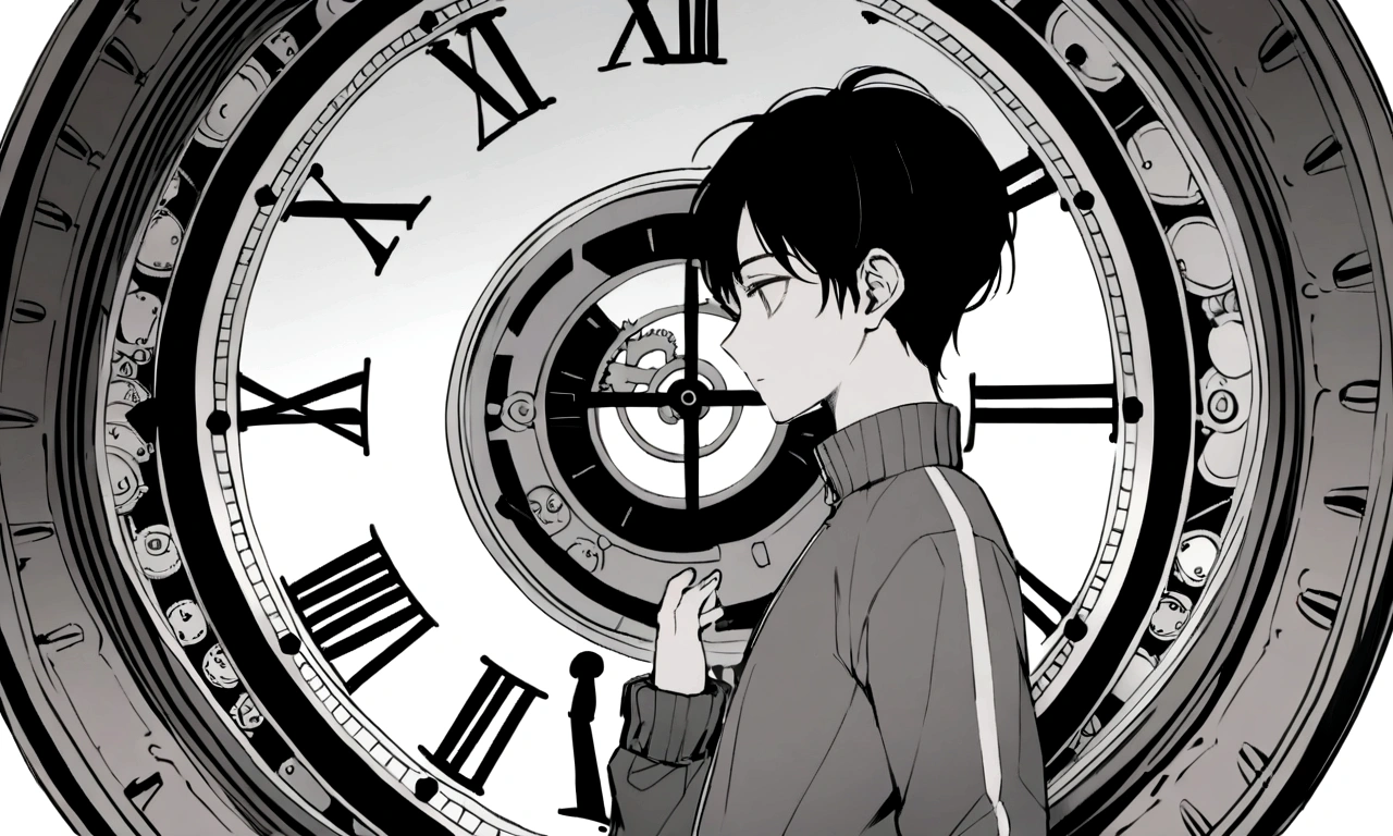 black and white drawing, giant clockwork background, hang from clockwork, human, 26 year old male, black neat hair, a lonely face, wearing gray tracksuit, put one&#39;s foot on the clock hand, cling to the clock.