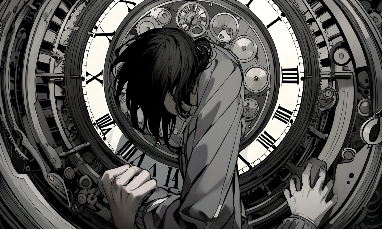 black and white drawing, giant clockwork background, hang from clockwork, human, 26 year old male, black neat hair, a lonely face, wearing gray tracksuit, put one's foot on the clock hand, cling to the clock.