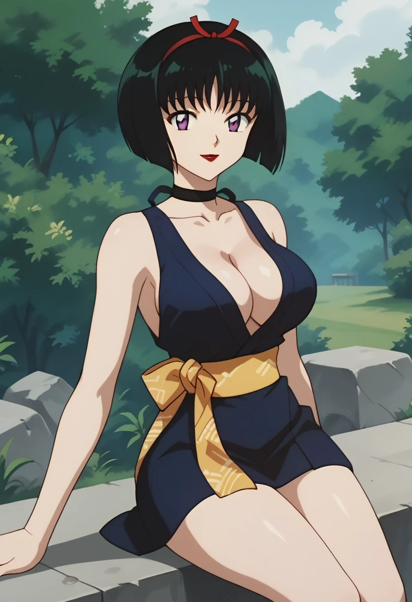 score_9, score_8_up, score_7_up, source_anime, best quality, masterpiece, rating_explicit, uncensored, anime screencap, megami magazine, BREAK, SAKASAGAMINOYURA, 1GIRL, large breasts, cleavage, BLACK HAIR, HAIR BAND, BOB_CUT, PURPLE EYES, CHOKER, SLEEVELESS, SHORT KIMONO, red lip, outdoors, looking at viewer, smile