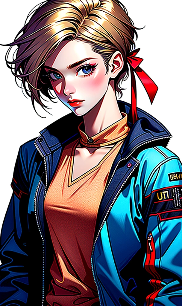 (detailed face, incredibly absurdres, smooth, 8k wallapaper, masterpiece, white background, hyper extreme detailed:1.2), (portrait:1.1), 1girl, solo, small breasts, cowboy shot, middle shot, dynamic portrait, (short hair, hair ribbon:1.33), (best quality), (best illustration), (best shadow), absurdres, realistic lighting, looking at viewer, (Abyss), beautiful detailed glow, art by PeterMohrBacher, (golden eyes, golden hair:1.01), necklace, (casual clothes, open jacket, modern clothes:1.4)