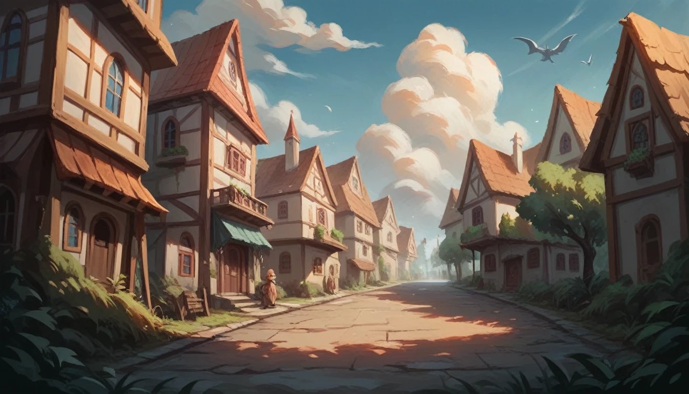Create an image of a street full of houses and trees making a vanishing point in the style of a Disney cartoon, an ultra-realistic photographic image, in 4k