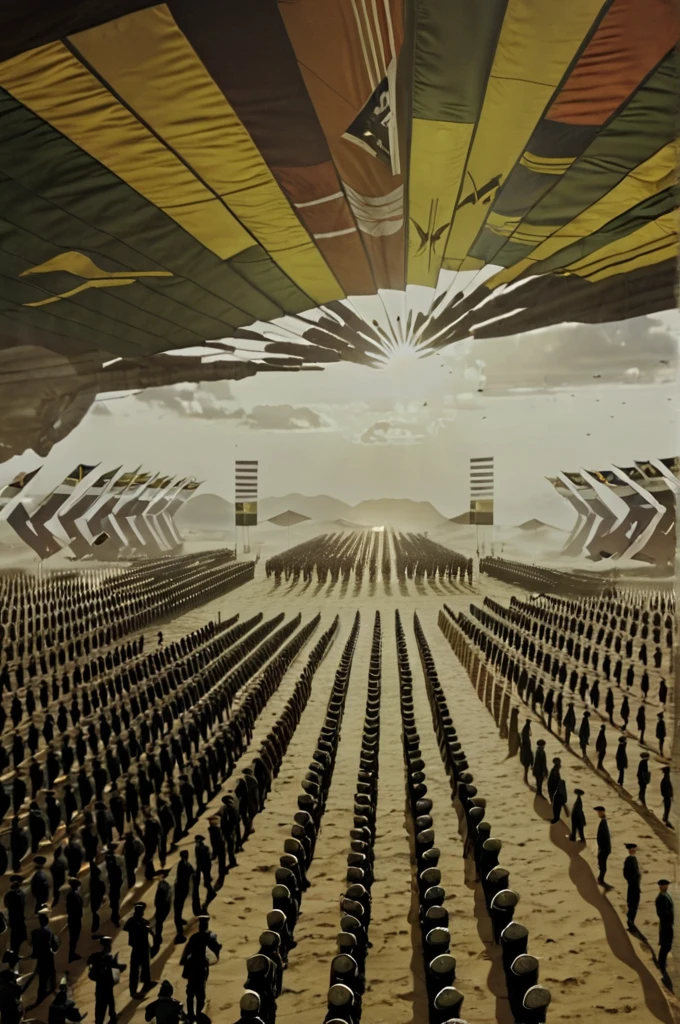 dune environment, large gathering of people, flags, military, in field, beautiful sky
reflections, realistic lighting, light rays, beams of light, realistic, high quality photo, 4k, 7-dune
>