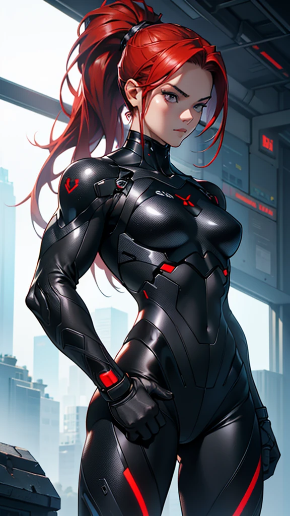 Beautiful cybernetic girl detailed muscles realistic masterpieces full figure pose (best quality,ultra-detailed), red hair in ponytail, fair skin, fit body, slim figure, narrow waist, (confident expression), black carbon fiber cybernetic mobile combat suit