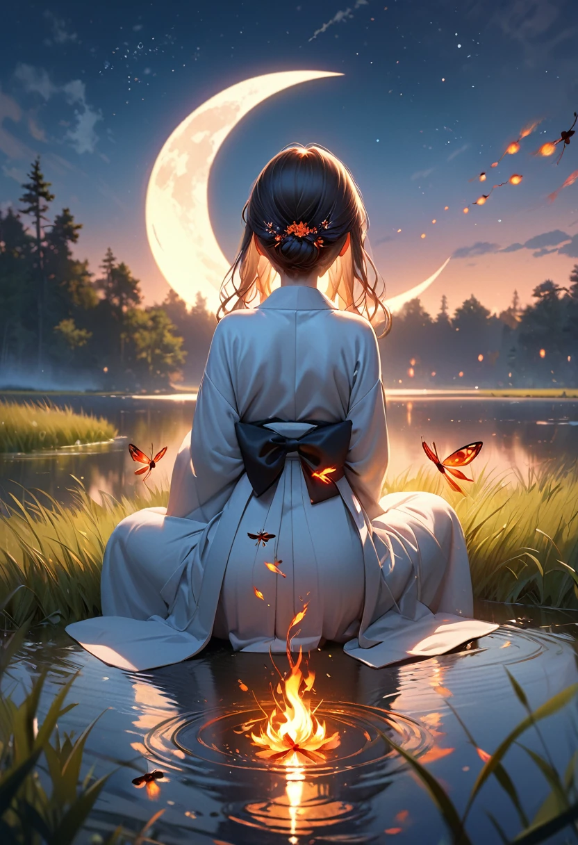 masterpiece:1.2, High resolution, Highest quality, Beautiful details, Ultra-realistic, Realistic:1.37, Cute girl on the grassland lake, Crescent Moon, meadow lake scenery with fire Fly flying around, fire Fly, kimono, Crouched(wariza), Beautiful delicate(hair, eye, student, lips, fire Fly), Back view