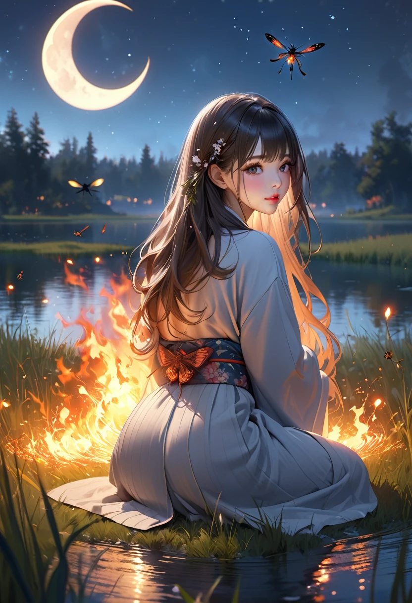 masterpiece:1.2, High resolution, Highest quality, Beautiful details, Ultra-realistic, Realistic:1.37, Cute girl on the grassland lake, Crescent Moon, meadow lake scenery with fire Fly flying around, fire Fly, kimono, Crouched(wariza), Beautiful delicate(hair, eye, student, lips, fire Fly), Back view