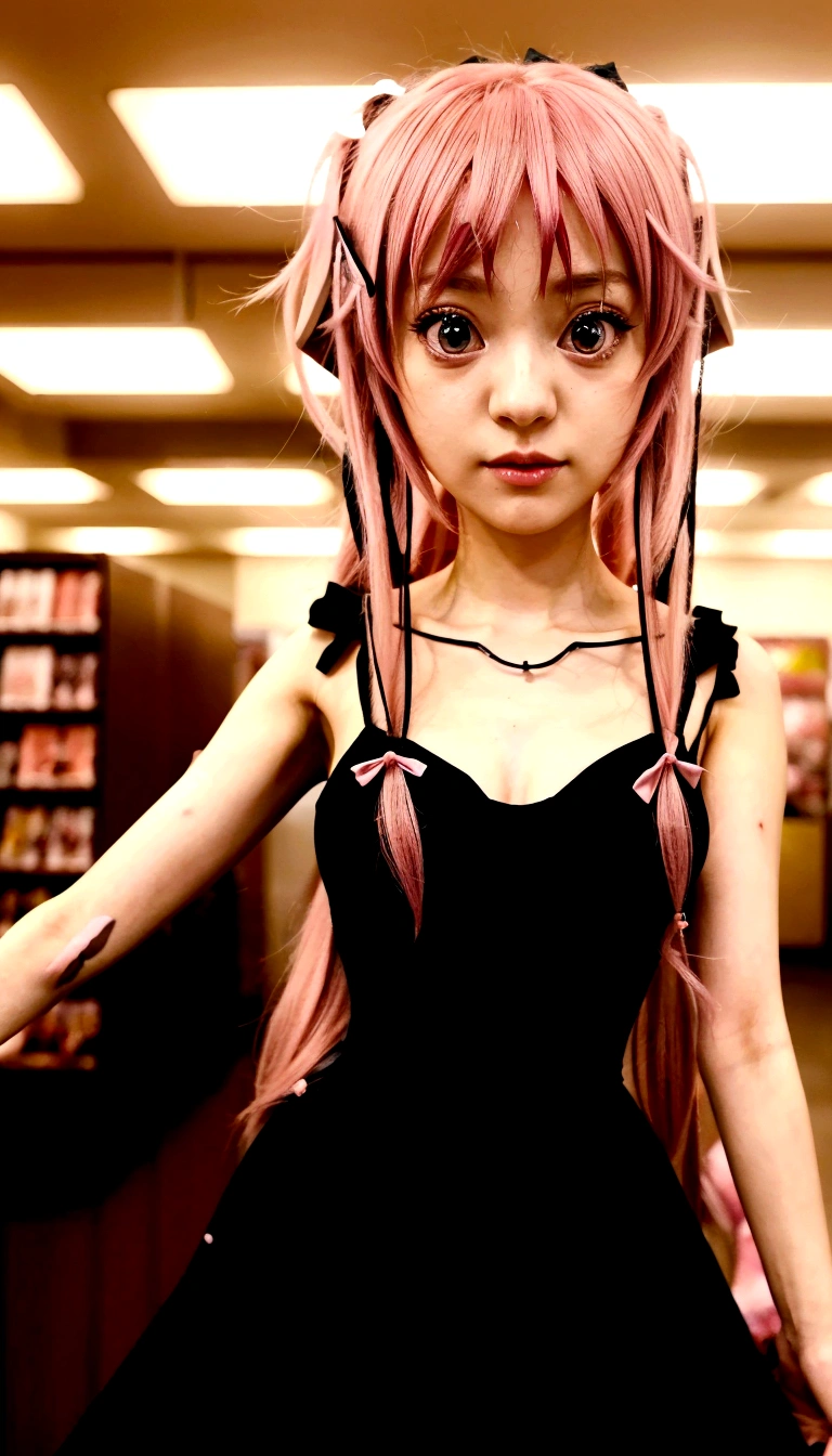 a close up of a person in a dress holding a cell phone, as an anime character, anime girl named gasai yuno, anime girl wearing a black dress, female anime character, mirai nikki style, anime character, pink female human girl, gasai yuno, an anime girl, mirai nikki, 26 - year - old anime goth girl