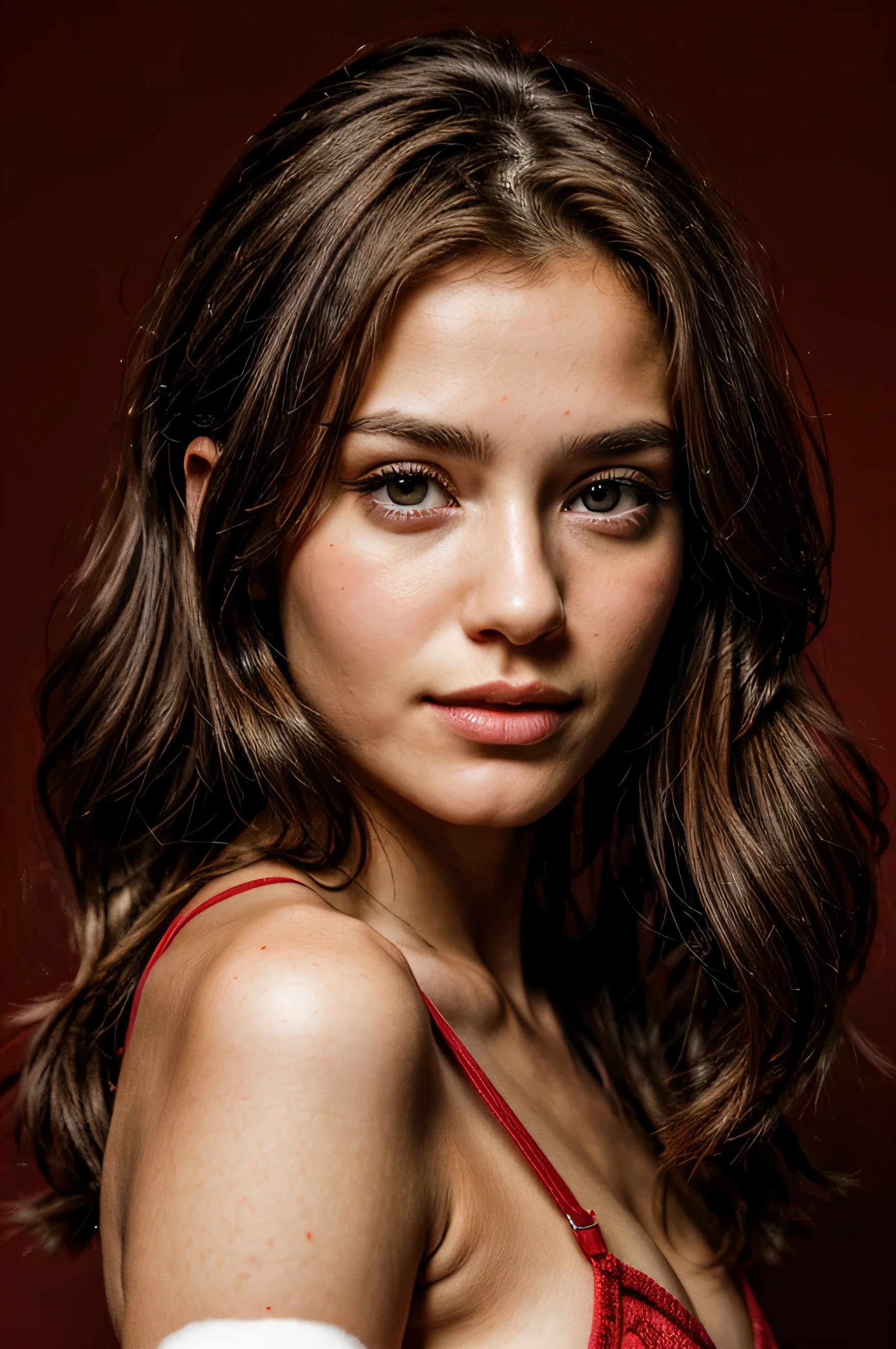 18 year old brunette girl, Linda, seamless, face perfect, gorgeous face, with red background
