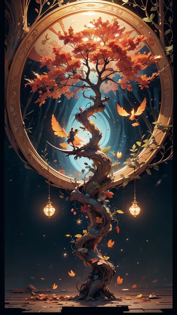circular tree,four seasons,spring,summer,autumn,winter,leaves,roots,branches,trunk,ornate border,decorative,digital illustration,artwork,movement,time,swirling background,dark background,vibrant colors,natural,life cycle,growth,change,nature,life,peace,harmony,spirituality,symbolism,digital art,illustration,painting,graphic design,art,design,digital media,online art,visual art,fine art,fantasy