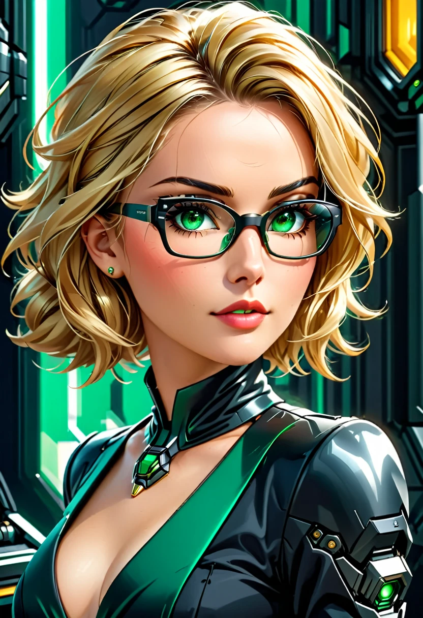 Arafed a picture of a human female spy, wearing dark suit, wearing ((mecha glasses: 1.5))exquisite beautiful female, blond hair, short crop hair, green eyes, glasses has intricate mechanical part in it, high society gala event background, (Masterpiece: 1.5),  Vibrant, Ultra-high resolution, High Contrast, masterpiece:1.2, highest quality, Best aesthetics), best details, best quality, highres, ultra wide angle, 16k, [ultra detailed], masterpiece, best quality, (extremely detailed),