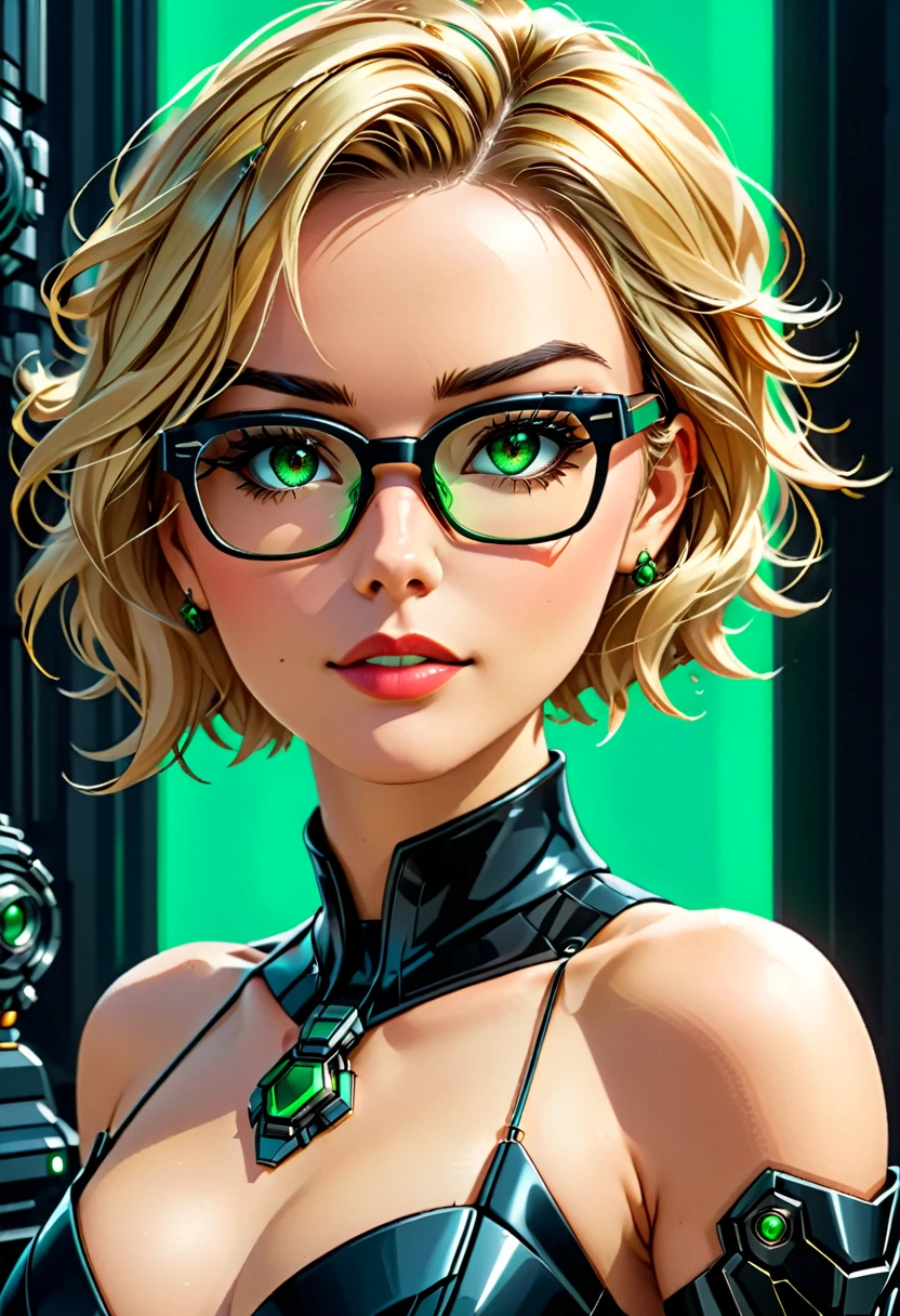 Arafed a picture of a human female spy, wearing dark suit, wearing ((mecha glasses: 1.5))exquisite beautiful female, blond hair, short crop hair, green eyes, glasses has intricate mechanical part in it, high society gala event background, (Masterpiece: 1.5),  Vibrant, Ultra-high resolution, High Contrast, masterpiece:1.2, highest quality, Best aesthetics), best details, best quality, highres, ultra wide angle, 16k, [ultra detailed], masterpiece, best quality, (extremely detailed),
