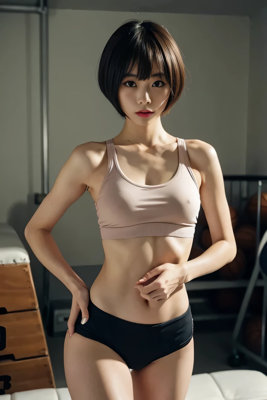 1 girl,Japanese,25 yo,(Slender body:1.4),(athlete:1.2),Black bowl cut hair with side bangs, BREAK ((Sportsbra,d-shorts)), BREAK, masterpiece, best quality, ultra quality, high quality, realistic, photo realistic, RAW photo, hyper detailed, intricate detail,(gym storeroom:1.3),cinematic lighting,(teary eyes),(blushing:1.3),beauty,girl,photorealistic,(standing),(small breasts:1.4),(camel toe),nipples poking through clothes,