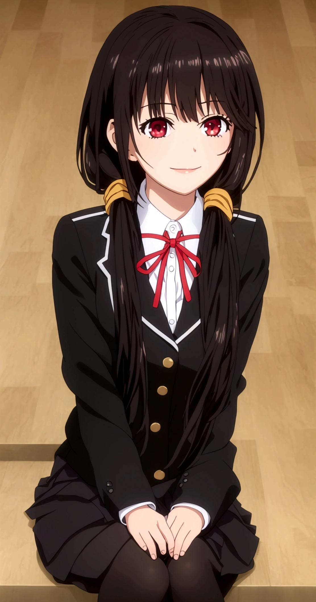 ultra-detailed,highly detailed,best quality,masterpiece,illustration,realistic, photo,photorealistic,
1girl, tokisaki kurumi,cosplay,hair over one eye, looking at viewer, happy girl,light smile, low twintails, 
, blazer, collared shirt, neck ribbon, pleated skirt, pantyhose, hair rings, loafers, 
dynamic pose,sitting, 
