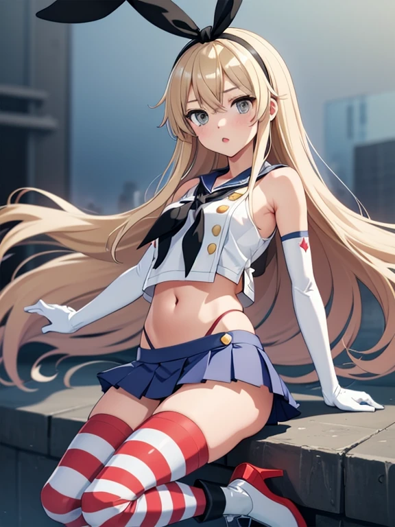 (masterpiece, best quality), 1girl,    skancolle, grey eyes, hairband, blonde hair, serafuku, neckerchief, crop top, gloves, elbow gloves, white gloves, navel, blue skirt, thighhighs, striped, striped thighhighs