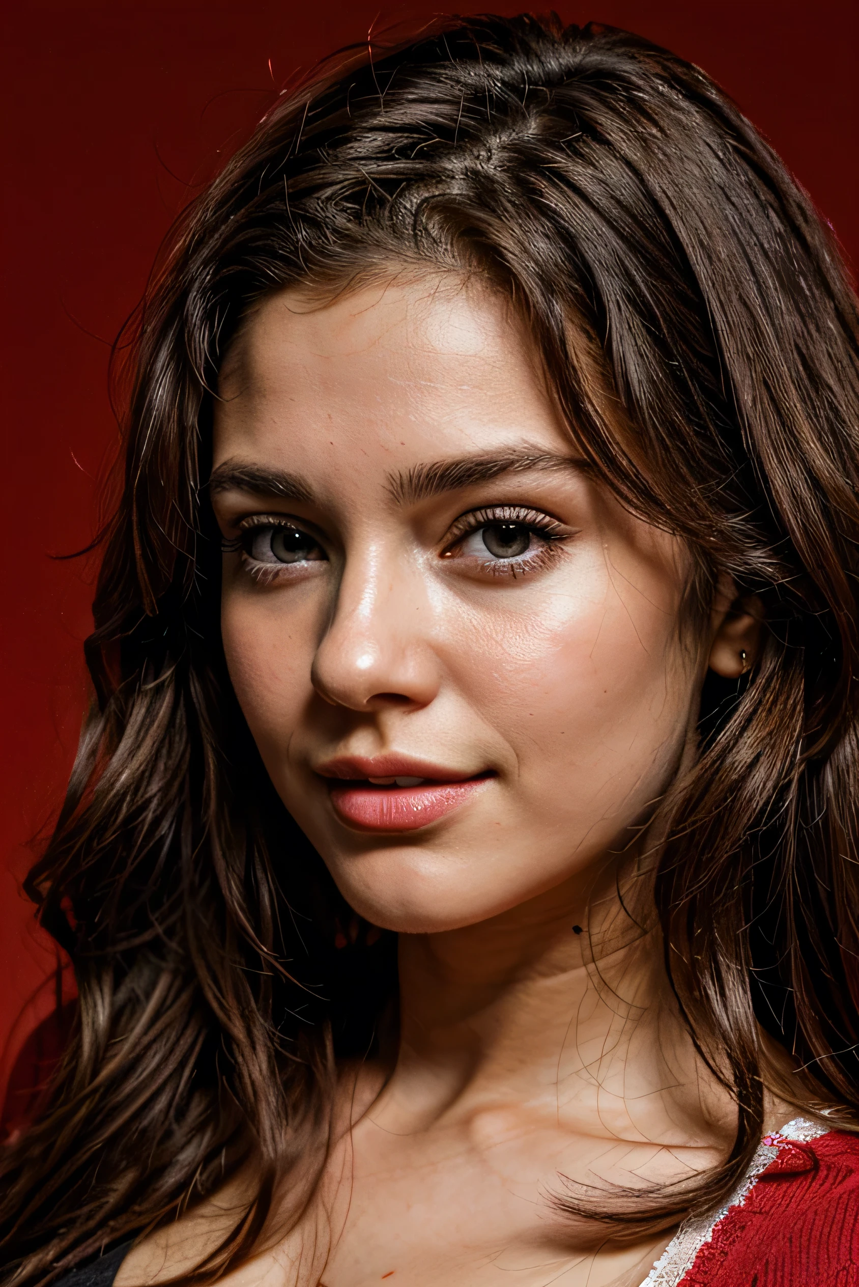 18 year old brunette girl, Linda, seamless, face perfect, gorgeous face, with red background 