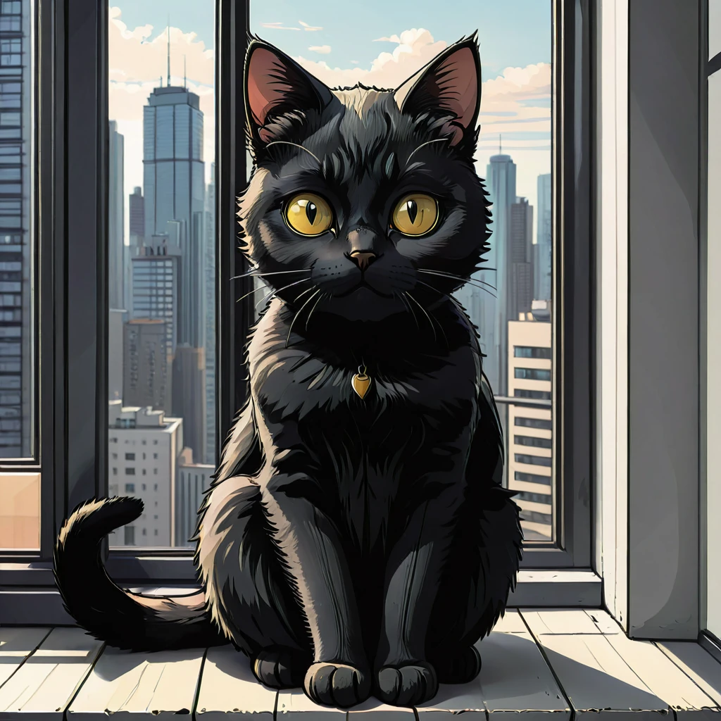 black cat sitting  on a windowsill in a Highrise apartment, simple anime style, 2D, celshading, thick lineart, heavy black ink lines, posterized, flat color, celshading, toonshading, Cartoon Rendering, Flat Shading, Graphic Novel Style, minimal shading, flat shading, hard color shading