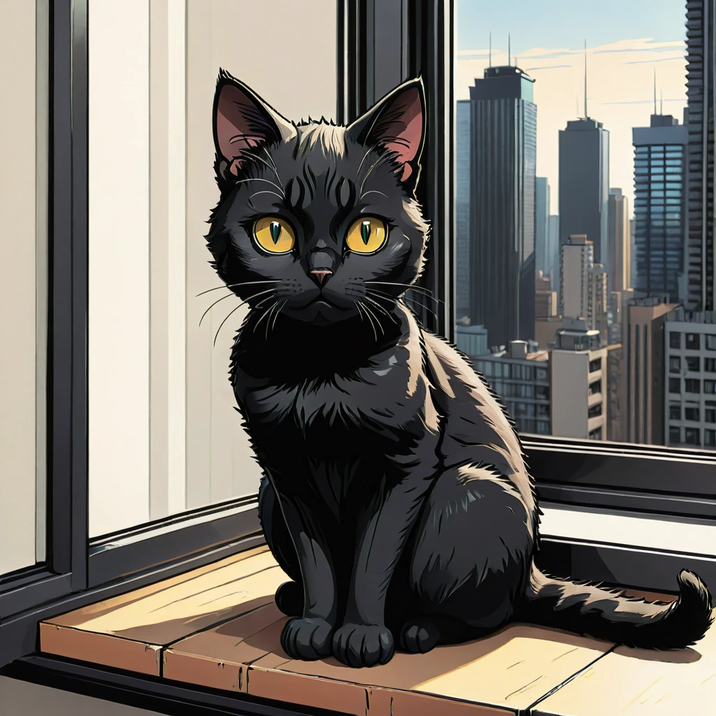 black cat sitting on a windowsill in a Highrise apartment, simple anime style, 2D, celshading, thick lineart, heavy black ink lines, posterized, flat color, celshading, toonshading, Cartoon Rendering, Flat Shading, Graphic Novel Style, minimal shading, flat shading, hard color shading